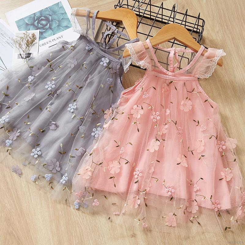 Đầm phối lưới thêu hoa xinh xắn thời trang cho bé gái