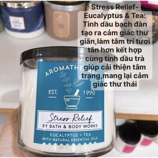 Nến thơm 3 tim Bath & Body Works Stress relief Eucalyptus+ tea (411g)