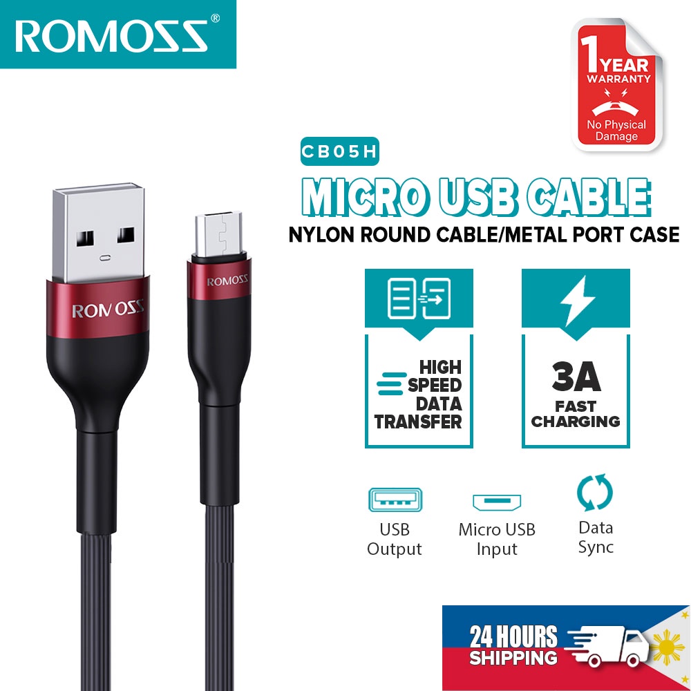 Cáp sạc ROMOSS CB05 bện nylon chuyển đổi USB sang Micro 2.1A/3A 1M bền bỉ cao cấp