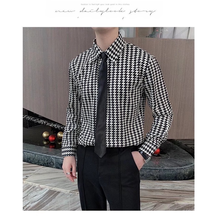 Áo Sơ Mi Nam Dài Tay Họa Tiết Caro Trắng Đen Thời Trang