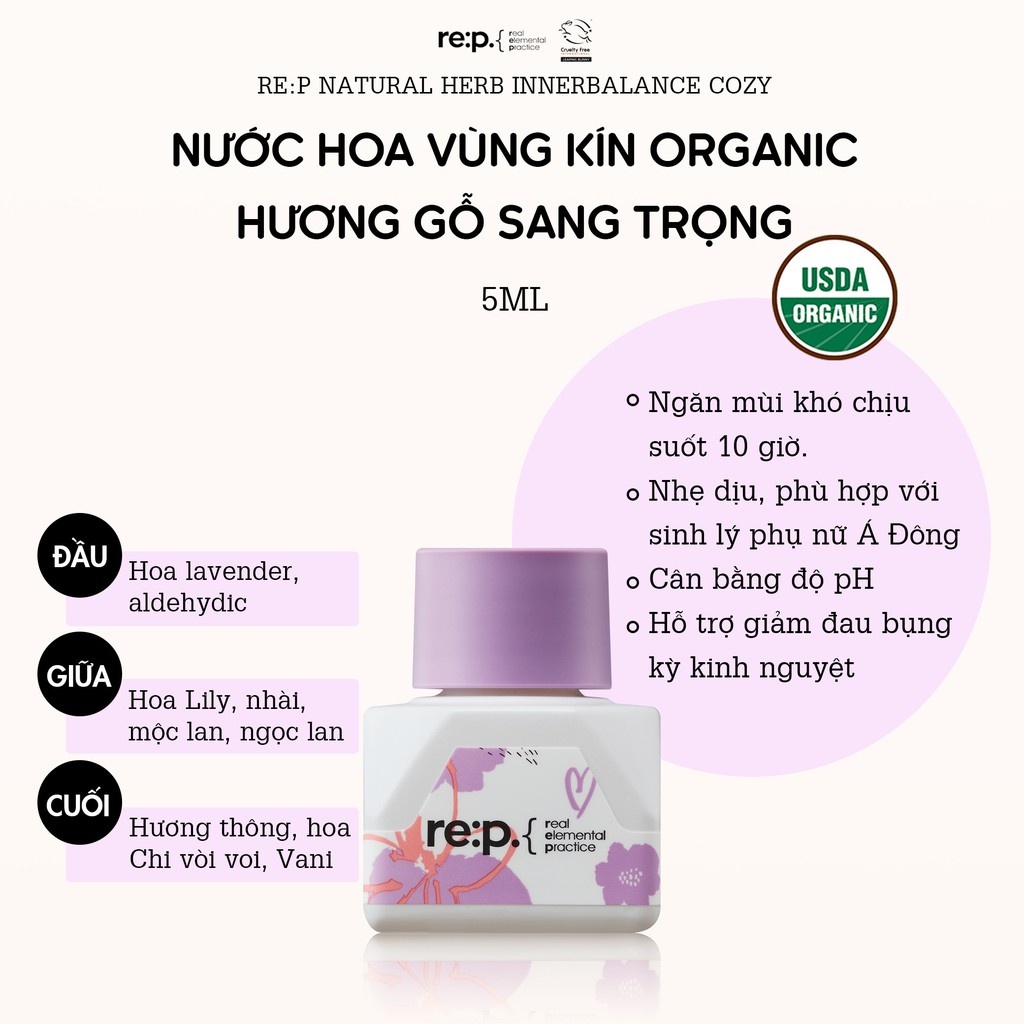 Nước Hoa Vùng Kín Organic Cosy Hương Hoa Thanh Mát Quyến Rũ RE:P Natural Herb Inner Balance Cosy 5ml (Có che tên)