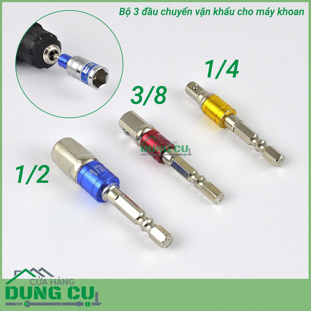 Bộ 3 Đầu Chuyển Sang Khẩu Bulong 1/4&quot; 3/8&quot; 1/2&quot; Gắn Cho Máy Khoan, Máy Bắn Vít