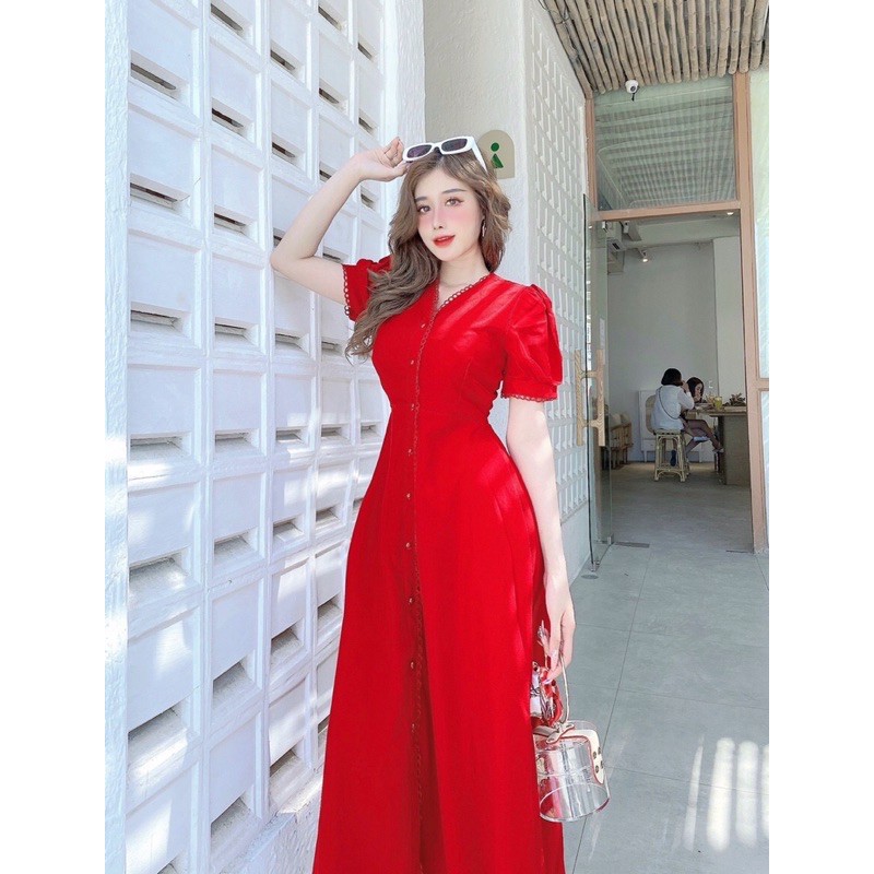 ĐẦM ĐỎ PHỐI REN NÚT NGỌC | BigBuy360 - bigbuy360.vn