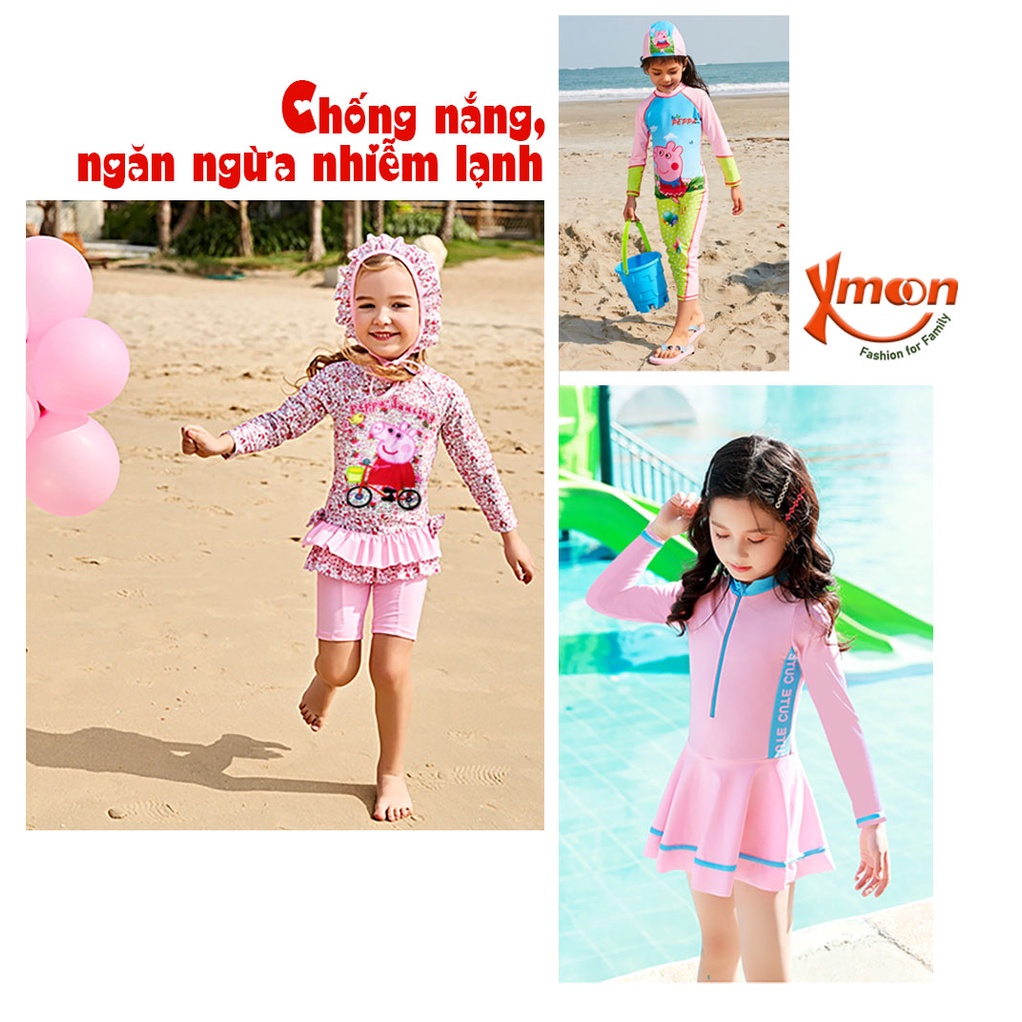 Áo tắm áo bơi bé gái dài tay bộ liền chống nắng ngăn nhiễm lạnh cho trẻ cao từ 80-130cm nặng từ 10-30kg DTBG Xmoon