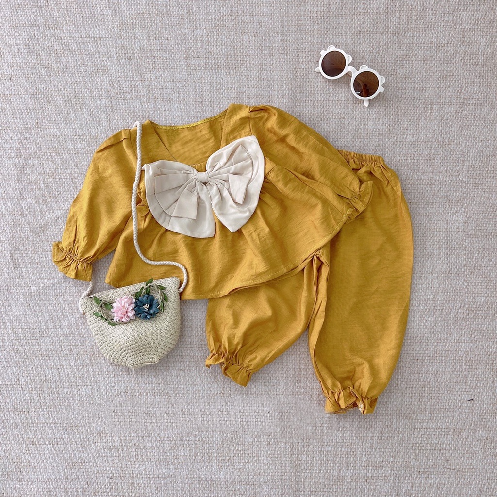 (10-20kg) Đồ bộ dài tay trẻ em TTR122 - Bộ quần áo đính nơ sang chảnh bé gái