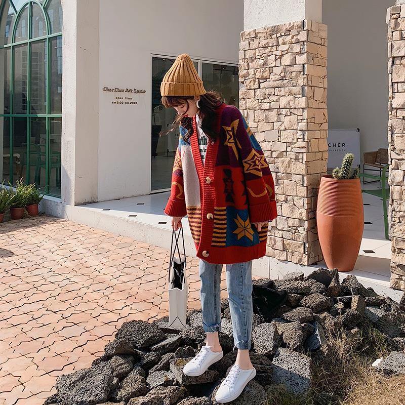 Áo Khoác Cardigan Dệt Kim Tay Dài Dáng Rộng Phong Cách Thời Trang Hàn Quốc