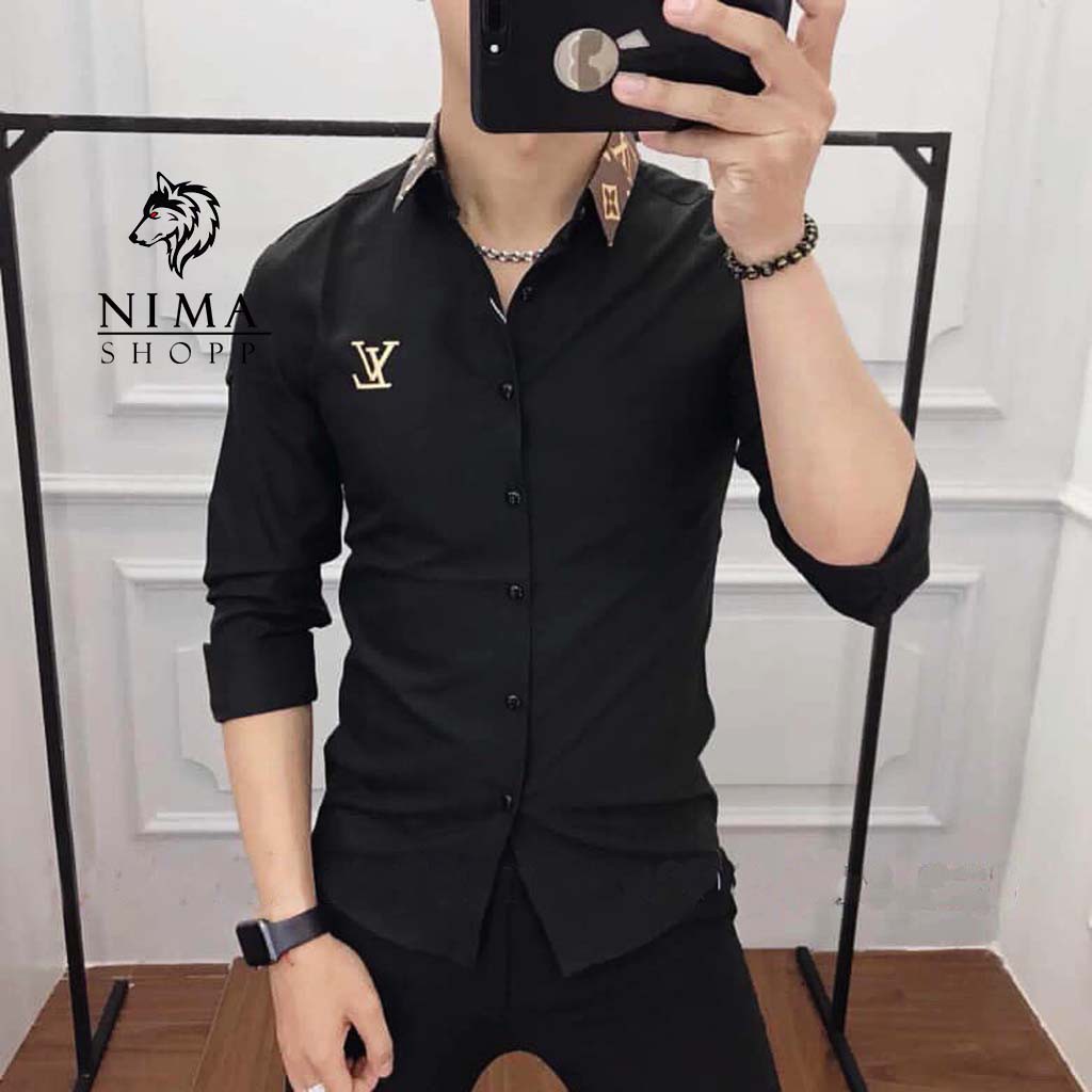 Áo sơ mi nam hàn quốc, dài tay, thêu chữ phối họa tiết cổ cao cấp NMM034 | BigBuy360 - bigbuy360.vn