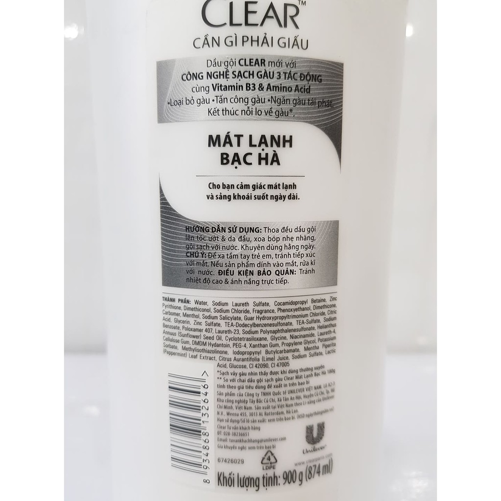 Dầu Gội Sạch Gàu CLEAR Bạc Hà Mát Lạnh 900g