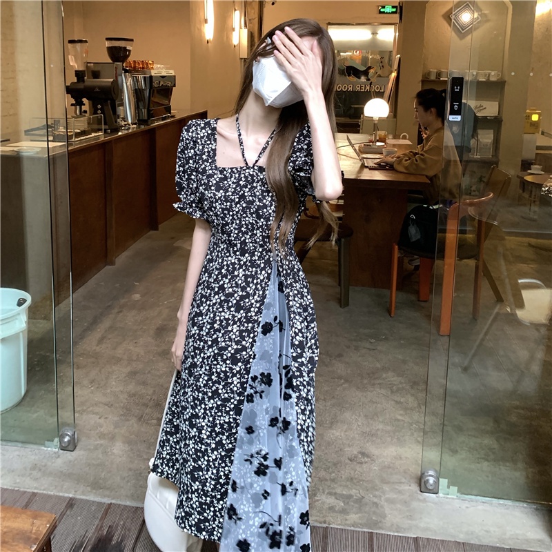 Đầm ZHELIHANGFEI họa tiết hoa cổ vuông dáng dài xinh xắn dành cho nữ