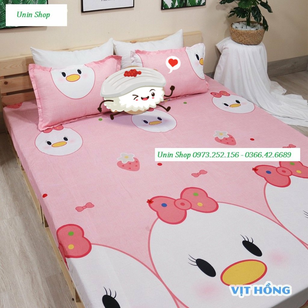 (Thanh lý) Bộ 3 món ga kèm 2 áo gối m6/m8/2m2 drap bo chun bọc nệm mẫu Vịt hồng poly cotton