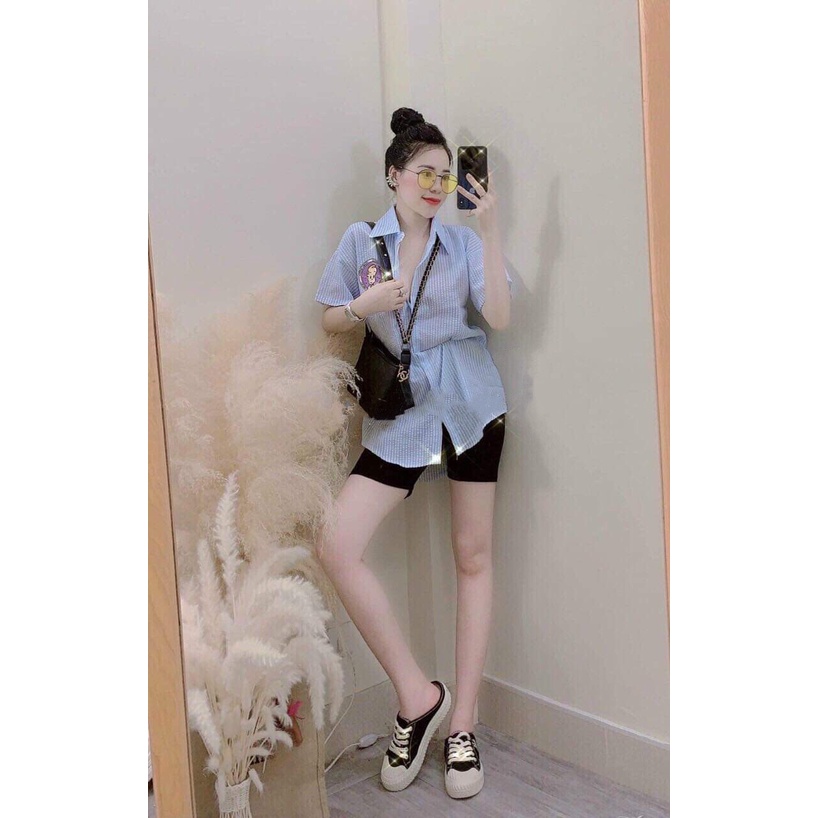 [SƠ MI] Áo Sơ Mi Xốp Cô Gái, Áo Kiểu Nữ Màu Kẻ Phối Chân Váy +Quần Jeans Siêu Sang Chảng | BigBuy360 - bigbuy360.vn