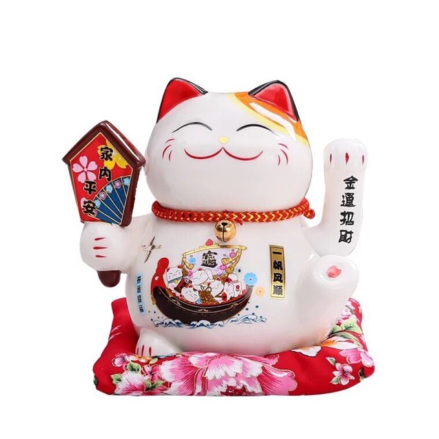 Mèo Thần Tài May Mắn Maneki Neko 16cm Vẫy Tay (Kèm Pin Và Đệm)