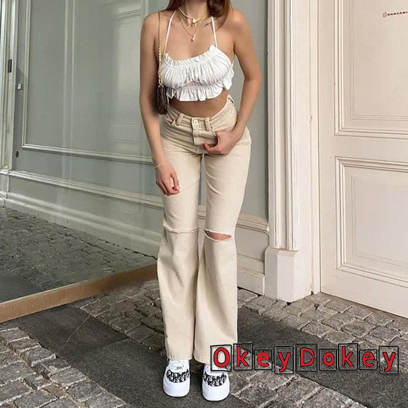 Quần jean ống loe lưng cao màu sắc đơn giản dành cho nữ