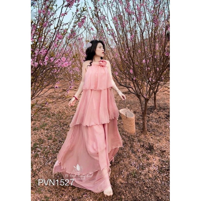 G 10g- đầm maxi i 5 tầng yếm cổ đính hoa, màu theo hình sàn