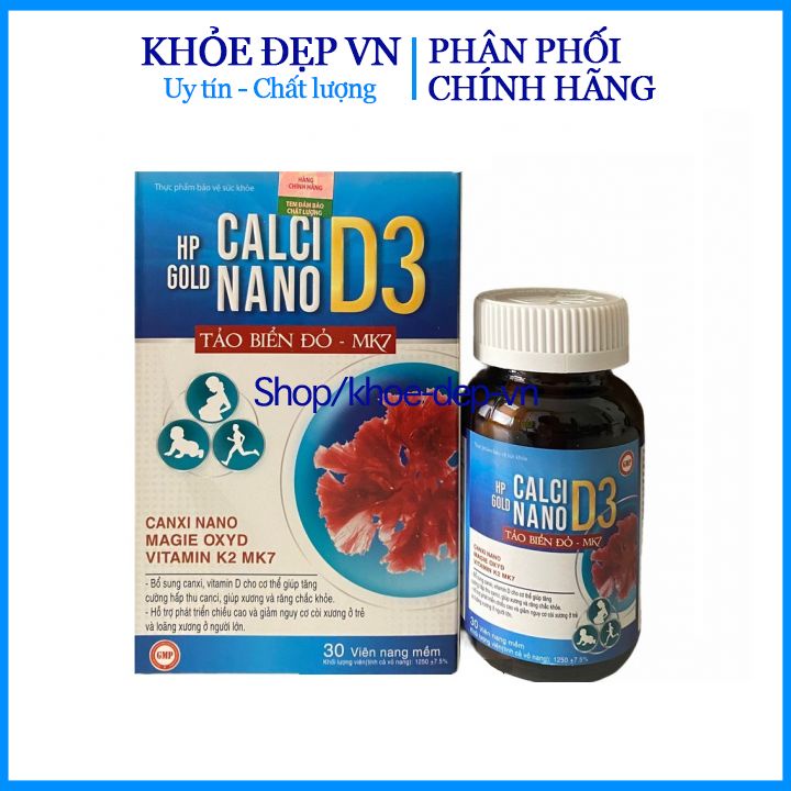 Calci Nano D3 Tảo Biển Đỏ K2 Bổ sung canxi, chống còi xương ở trẻ em, loãng xương thoái hóa ở người lớn hộp 30 viên