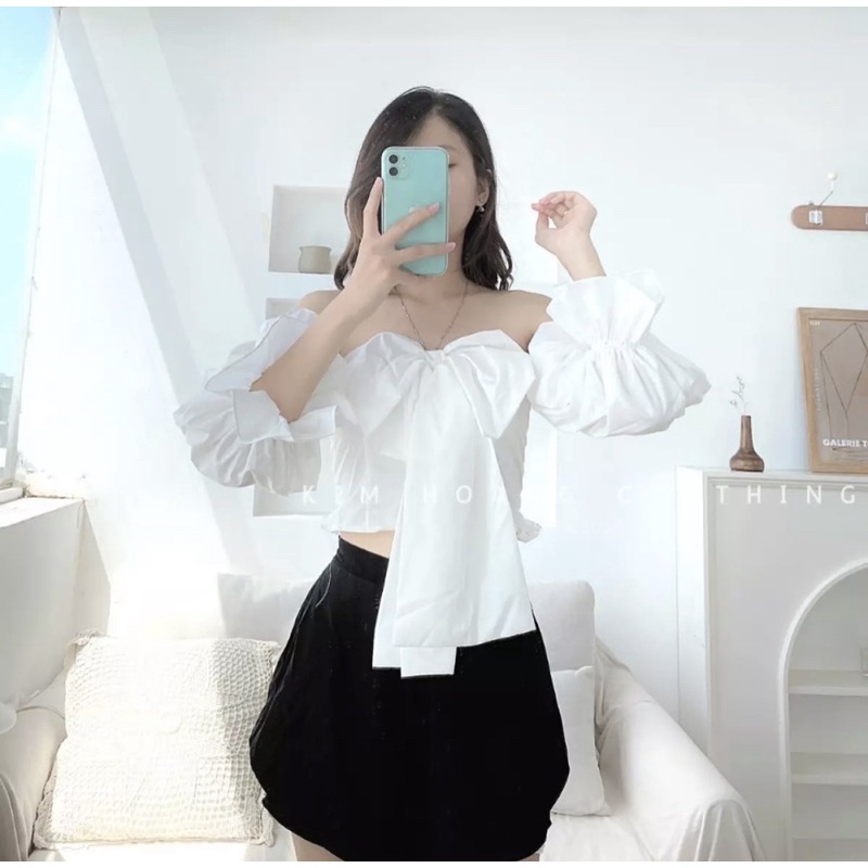 Áo croptop nữ tay dài trễ vai ôm tay phồng nơ xinh giá rẻ cao cấp VANISA CT30