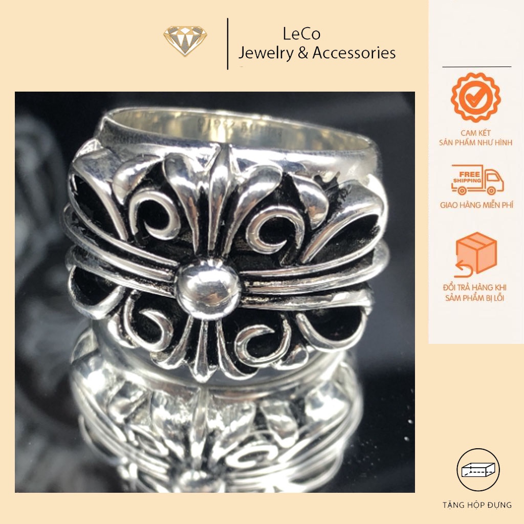 Nhẫn Bạc Chrome heart mặt họa tiết bạc 925 , sang trọng LeCo