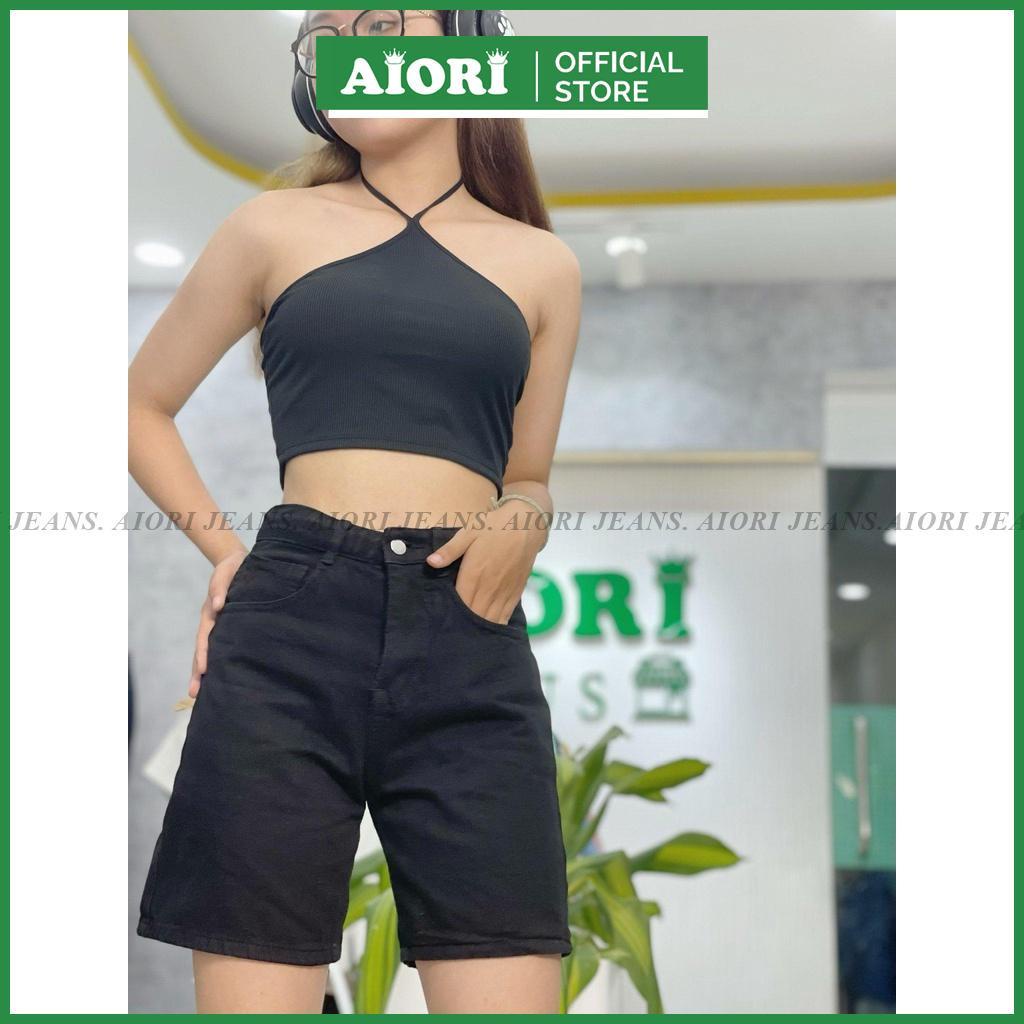 Quần Jean Nữ AIORI Quần Ngố Lửng Ống Rộng Dáng Chữ A Màu Đen Lưng Cao Lai Cuốn Vải Cực Xịn Mã D001