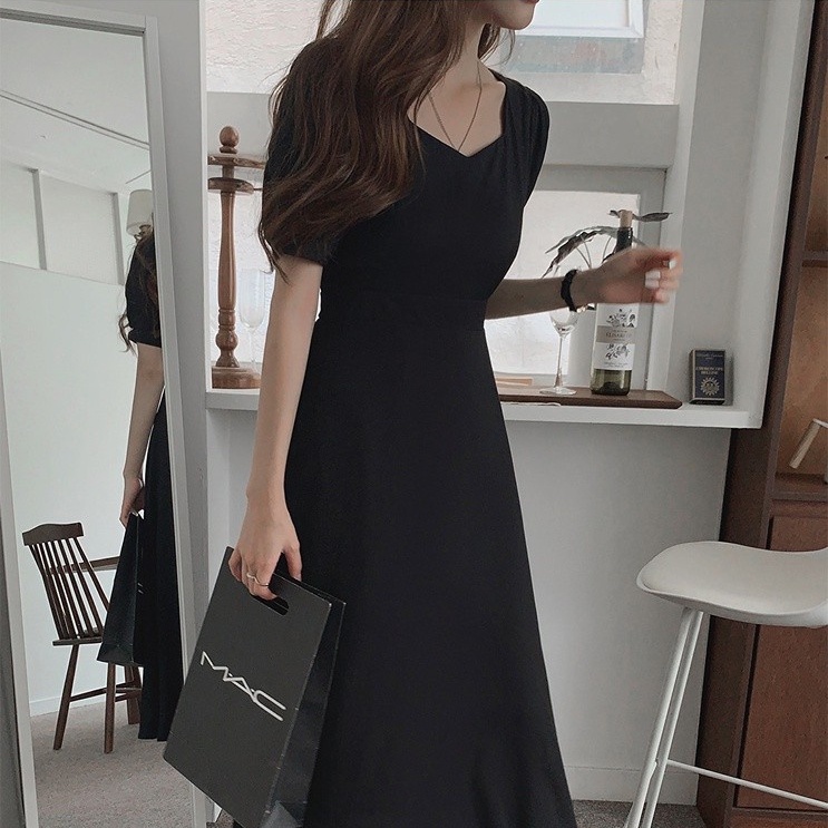 Đầm maxi SUXI tay ngắn cổ chữ V màu sắc đơn giản phong cách vintage