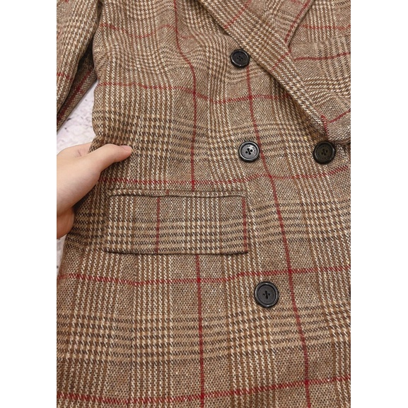 ÁO BLAZER DẠ KẺ NÂU TÂY 2 LỚP DÀY ÊM TAY