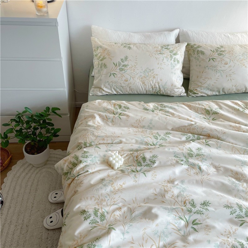 [Chi tiết] Chăn Ga Gối Cotton Living Hàn Quốc Phối Nơ "Lá Xuân Tươi Mát" 4 món