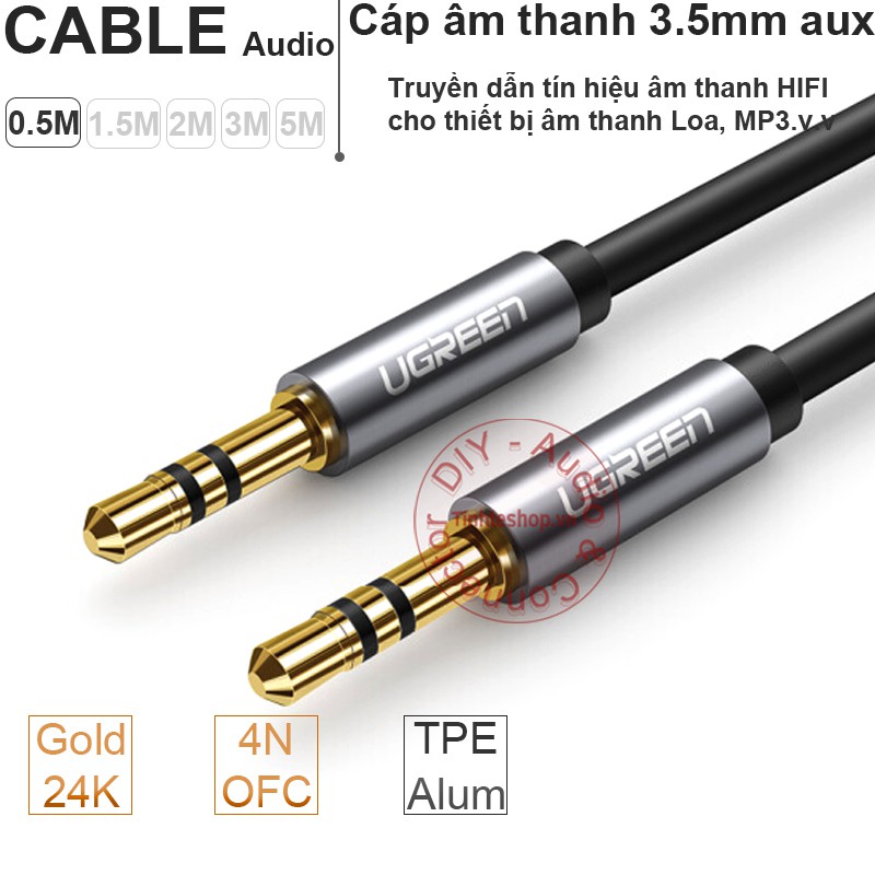 Cáp Audio 2 đầu 3.5mm AUX 0.5 mét UGREEN 10732 - Dây âm thanh 3,5mm stereo gold 24K lõi đồng tinh khiết OFC 4N