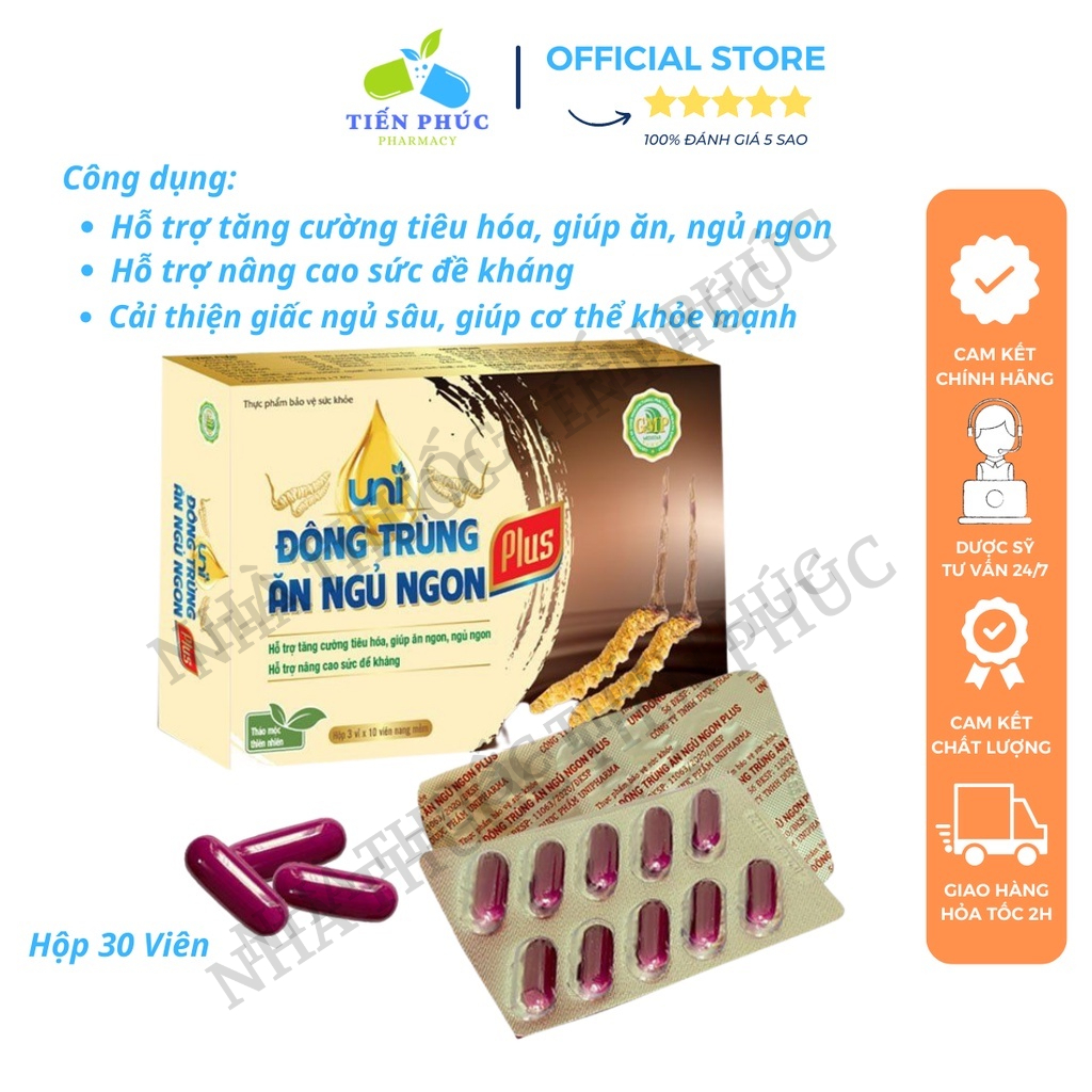 Uni đông trùng ăn ngủ ngon plus - Giúp, ăn ngon, ngủ ngon, tăng đề kháng, giảm tình trạng mất ngủ Hộp 30 viên