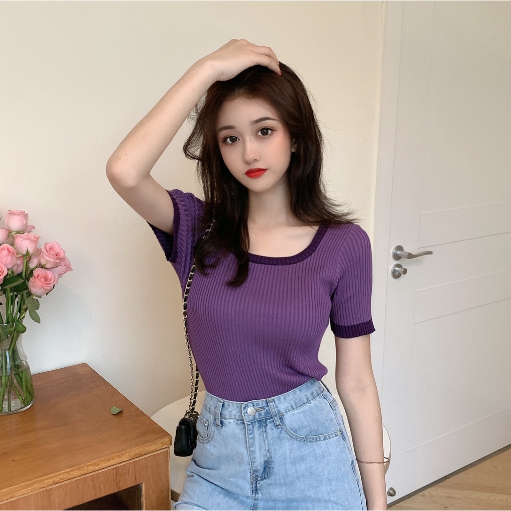 Porozi  Áo thun crop top  tay ngắn cổ vuông eo cao 4 màu lựa chọn phong cách Hàn Quốc cho nữ