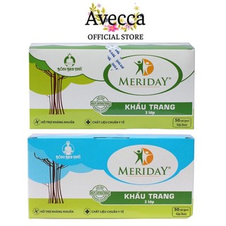 Khẩu Trang Y Tế Meriday Bông Bạch Tuyết Màu Xanh, Màu Trắng Hộp 50 Cái