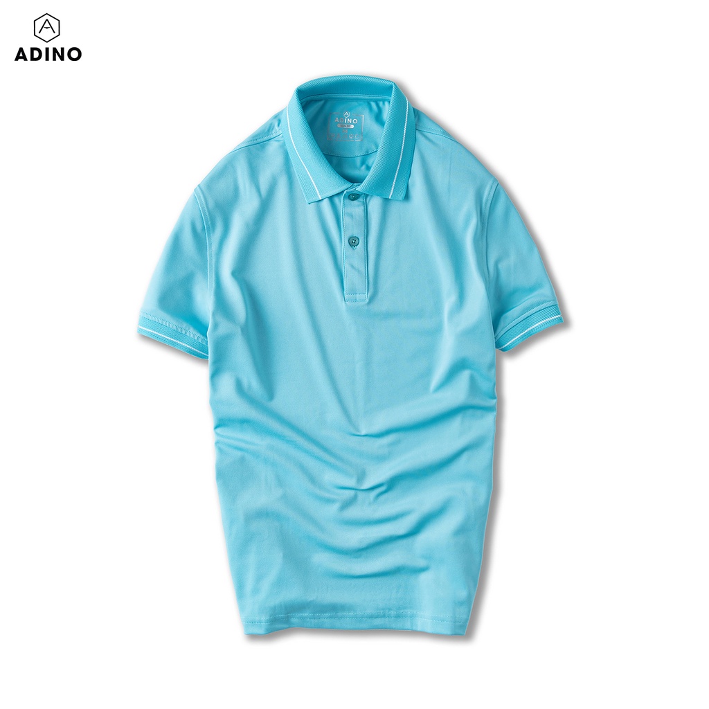 Áo thun nam có cổ màu xanh thiên thanh phối viền ADINO vải polyester cotton không bai xù dáng slimfit trẻ trung AP95