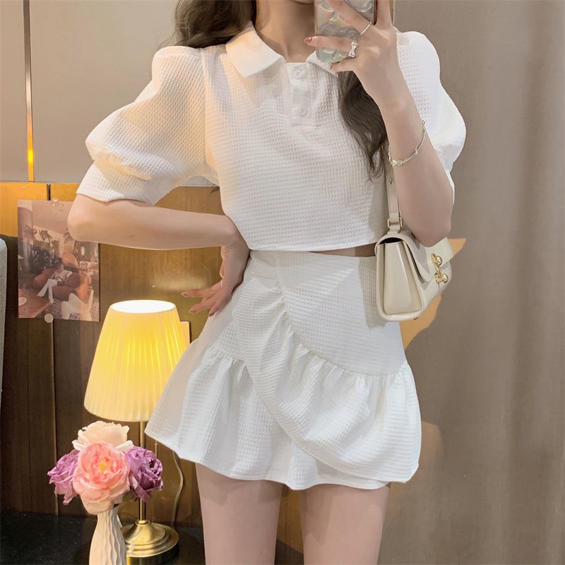 Set váy áo croptop Bộ Áo Tay Phồng Ngắn + Chân Váy Phồng Màu Trơn Thời Trang Mùa Hè 2023