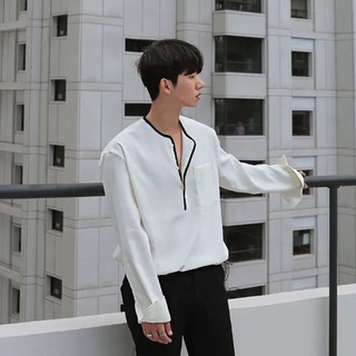 Sơ mi nam cổ tròn viền đen tay dài form rộng