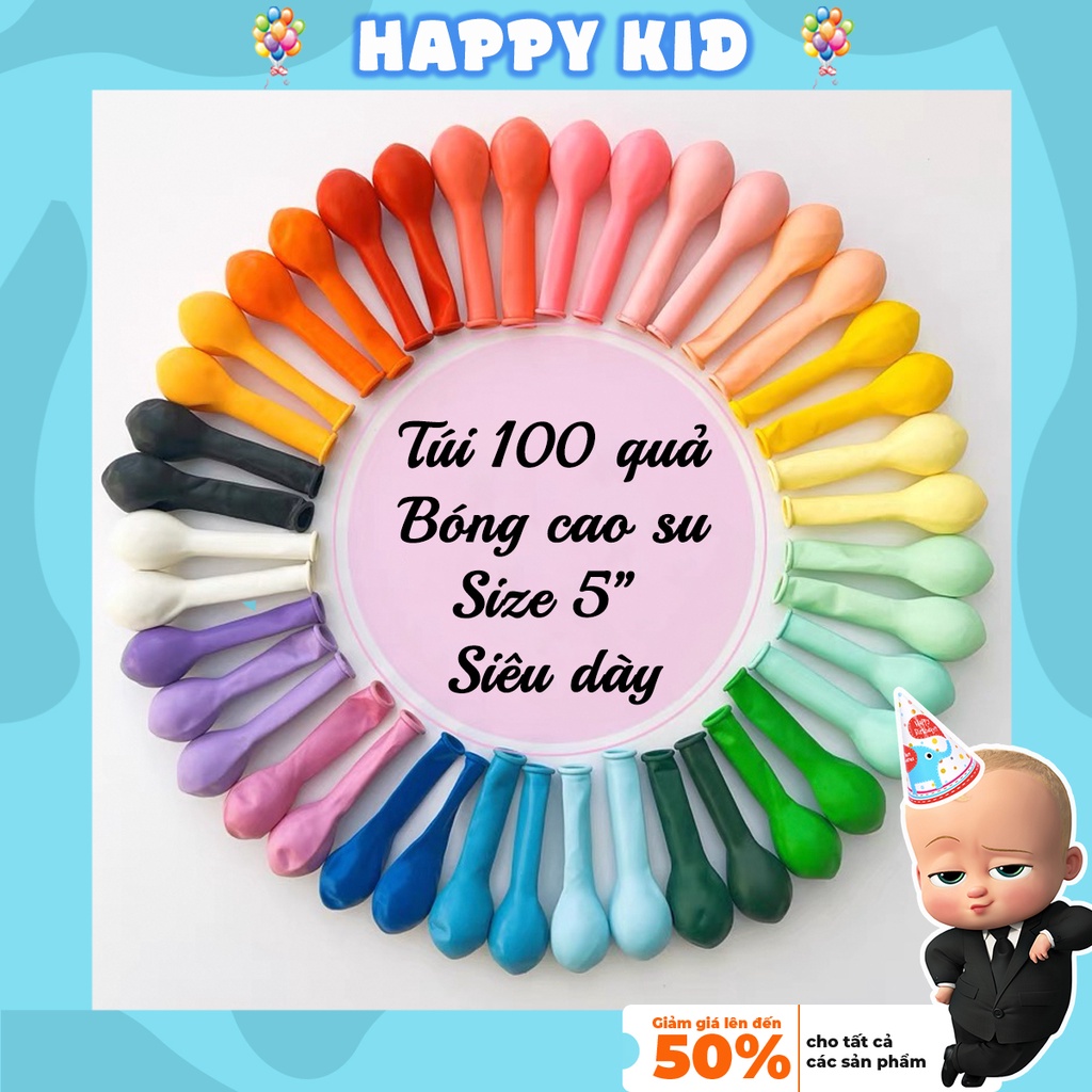 Túi bóng bay 100 quả kích thước 5 inch trang trí sinh nhật tiệc cưới loại dày nhiều màu sắc HAPPYKID TBB5inch