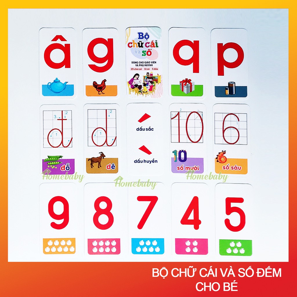 Bộ thẻ học thông minh flashcard 42 thẻ Chữ cái và số đếm kèm dấu câu cho bé