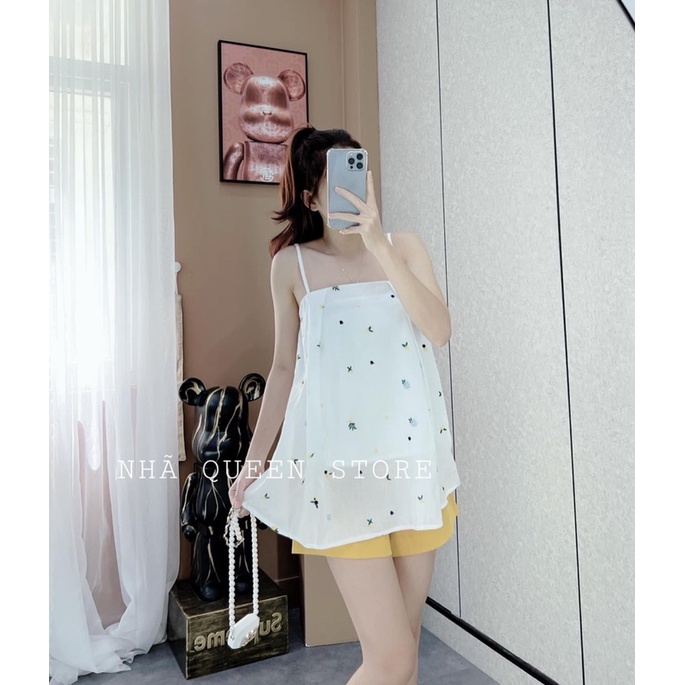 Set aos 2 dây hoa quả mix quần sooc đùi nhiều màu chất thô đũi Bộ 2s hở vai