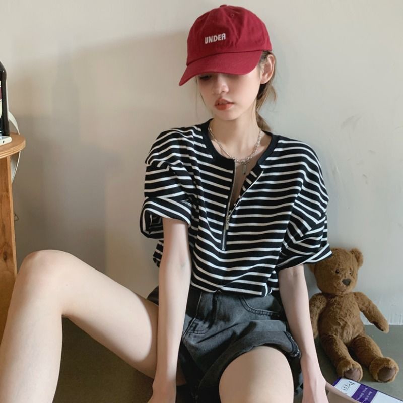 Áo Thun Tay Ngắn Dáng Rộng Họa Tiết Kẻ Sọc Phong Cách Hàn Quốc Thời Trang Mùa Hè Cho Nữ