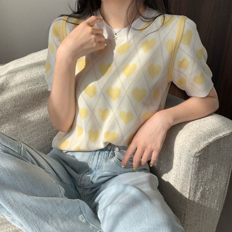 Áo Dệt Kim Tay Ngắn Họa Tiết Màu Sắc Tương Phản Xinh Xắn 185245 Áo Kiểu Hàn Quốc Dáng Ôm Thiết Kế Ngọt Ngào Dễ Phối Đồ