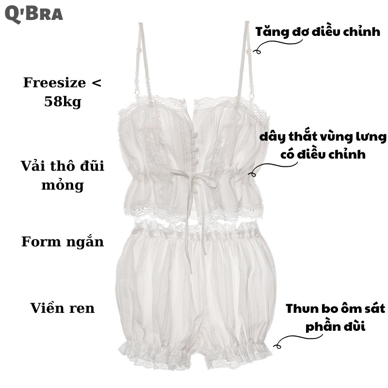 Bộ đồ ngủ nữ 2 dây sexy đồ mặc nhà cho nữ màu trắng vải thô đũi mỏng cho nàng quyến rũ