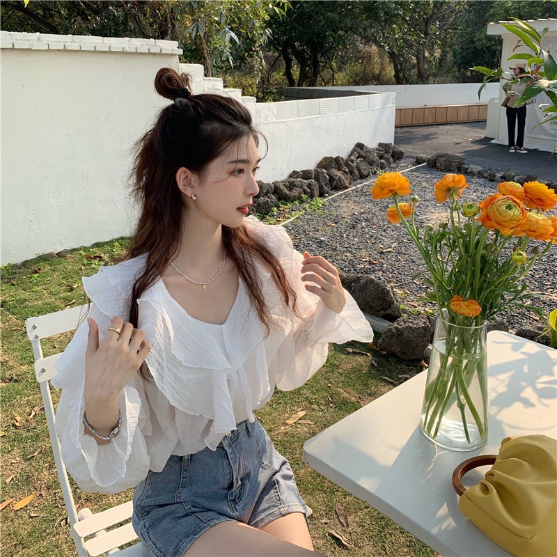 Áo Sơ Mi Cổ Chữ V Phối Bèo Form Rộng Phong Cách Retro Hàn Quốc