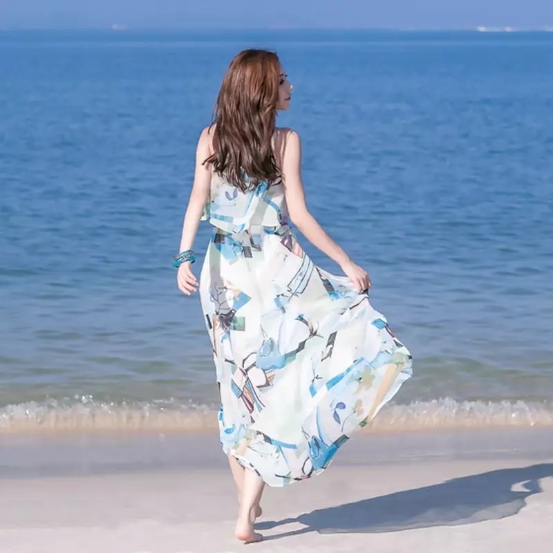 Đầm voan maxi đi biển mùa hè xẻ tà chất liệu mềm mịn