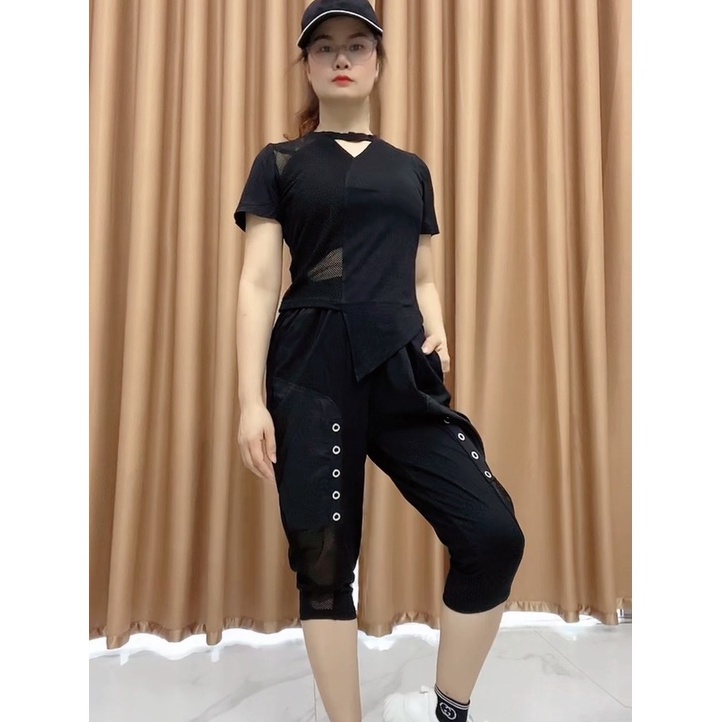 Set Quần Áo Nữ GAHIKHA Áo Khoet Cổ Vạt Lệch Đan Lưới Kết Hợp Quần Dập Cúc Giả Chất Cotton