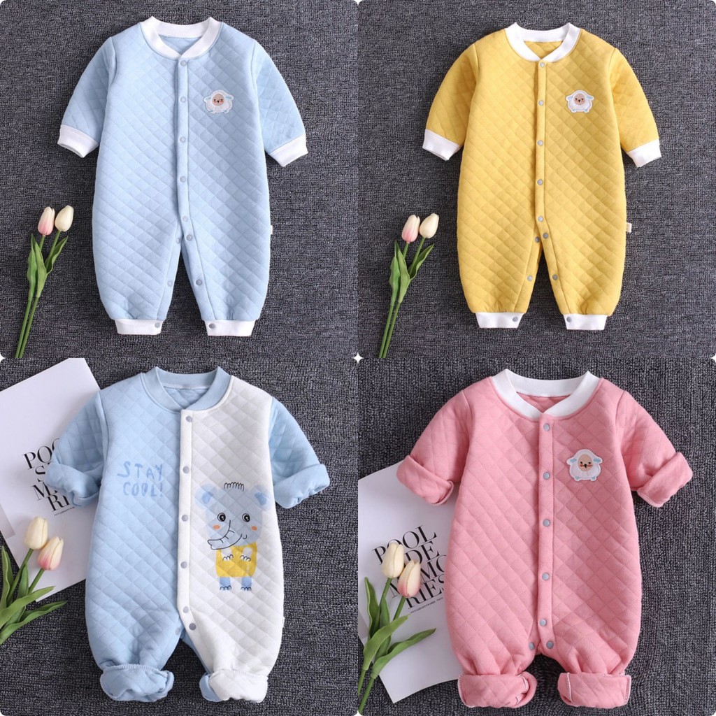 Body dài  liền thân trần bông, bodysuit dài tay cotton cho bé trai và bé gái sơ sinh từ 3-15kg, họa tiết trơn - 𝐁𝐃𝟑𝟑