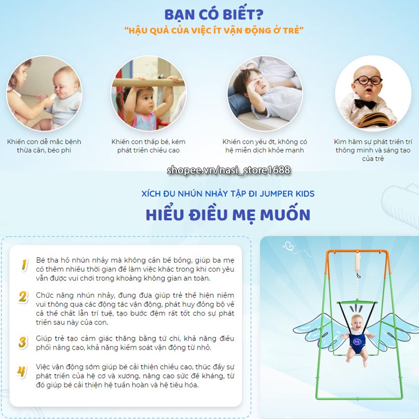 Combo xích đu nhún nhảy tập đi cho bé Jumper Kids JPG102 + ghế xích đu tích hợp bàn ăn dặm