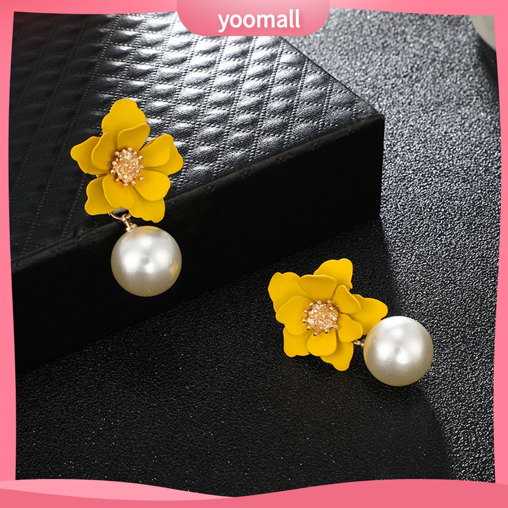 Yomall♡ Đôi Bông Tai Mặt Hoa Đính Ngọc Trai Nhân Tạo Thời Trang