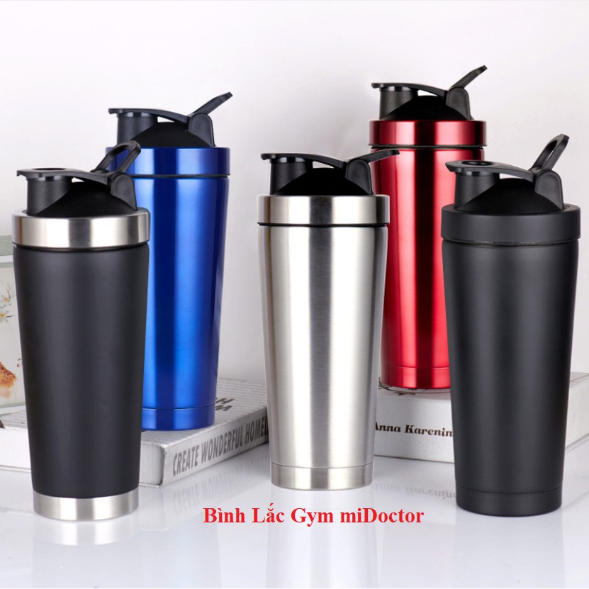 Bình lắc inox shaker tập gym, tập thể thao, có giữ nhiệt và quai xách – Kèm Bóng Lò Xo Lắc - Chính hãng miDoctor