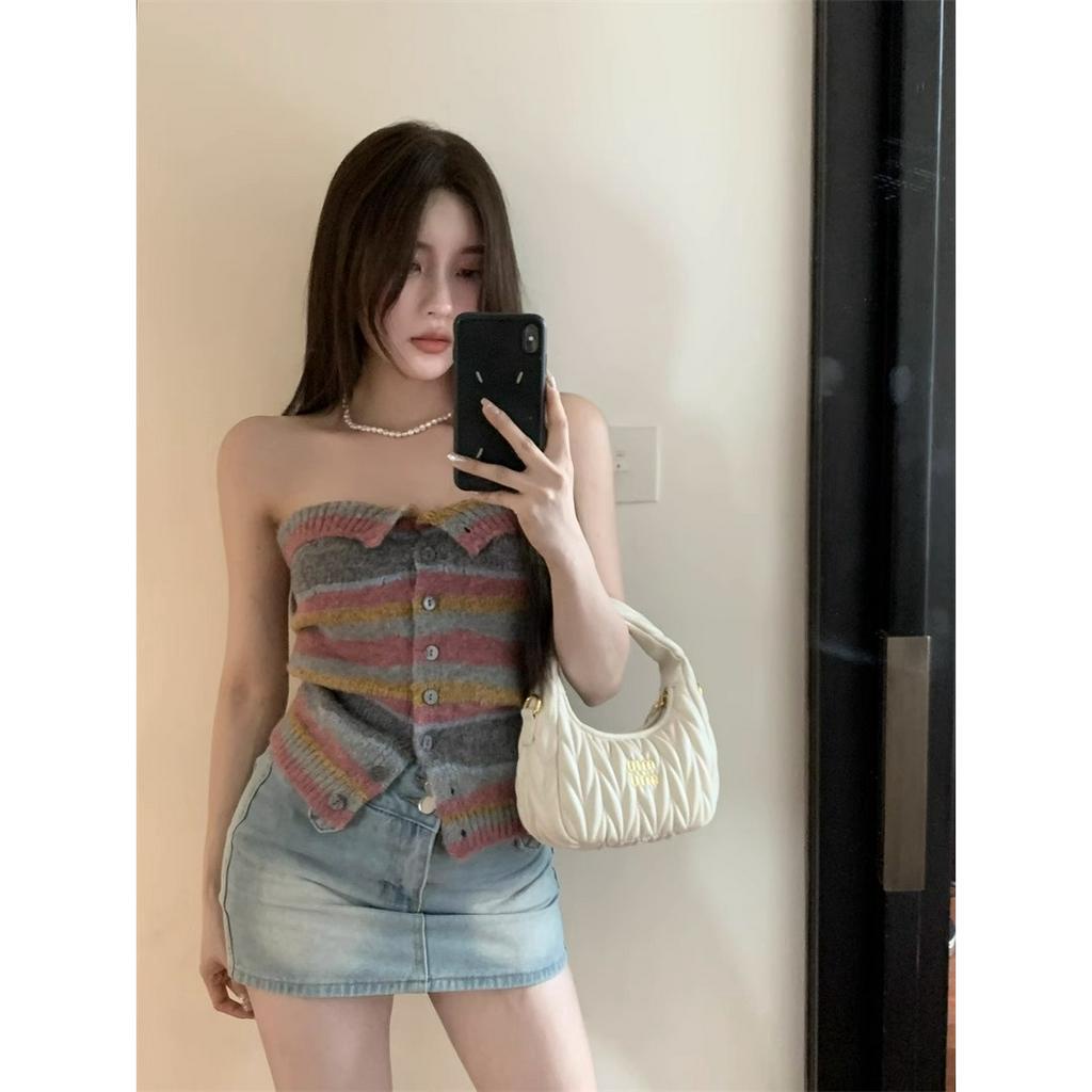 Áo Croptop Dệt Kim Trễ Vai Hoạ Tiết Kẻ Sọc Thiết Kế Đơn Giản Cho Phái Nữ