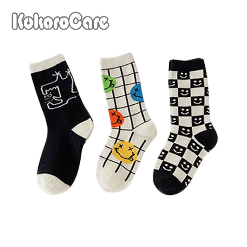 3 Đôi tất KOKOROCARE vải cotton sọc caro mặt cười thời trang cho bé 1-8 tuổi S/ M/ L