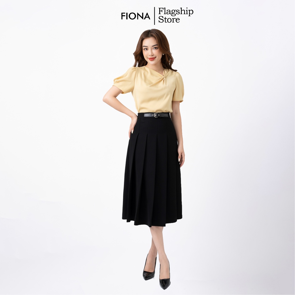 Áo sơ mi nữ dáng suông thời trang công sở cao cấp vải lụa xếp ly ngực trang trí, tay ngắn FIONA F552009