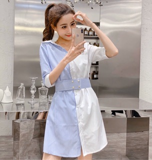Đầm sọc xanh phối trắng kèm belt (kèm hình thật)