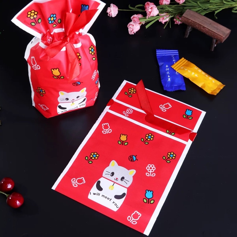 set 10 túi rút mèo thần tài may mắn size 15 x 23 cm